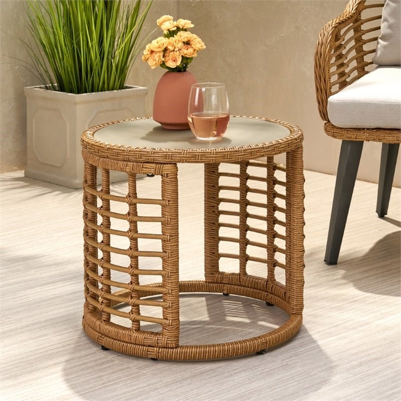 Noble House Tatiana Outdoor Tempered Glass Top Wicker Side Table in Light Brown