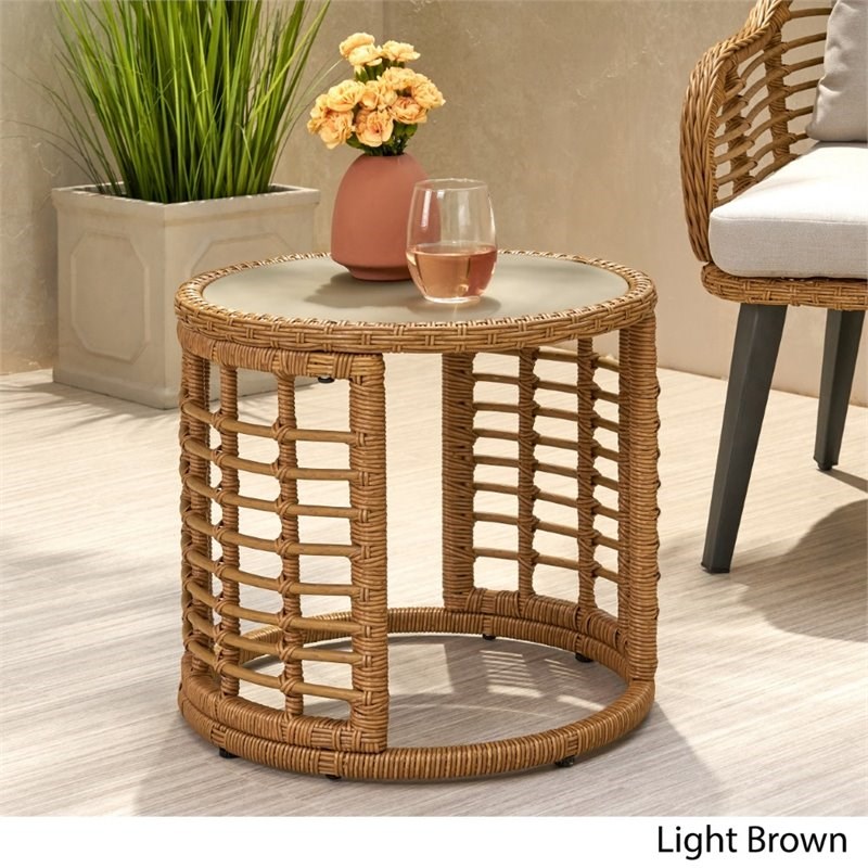 Noble House Tatiana Outdoor Tempered Glass Top Wicker Side Table in Light Brown