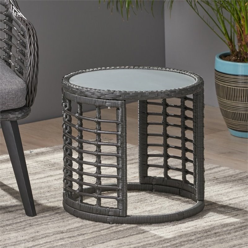 Noble House Bautista Boho Tempered Glass Top Wicker Side Table in Gray