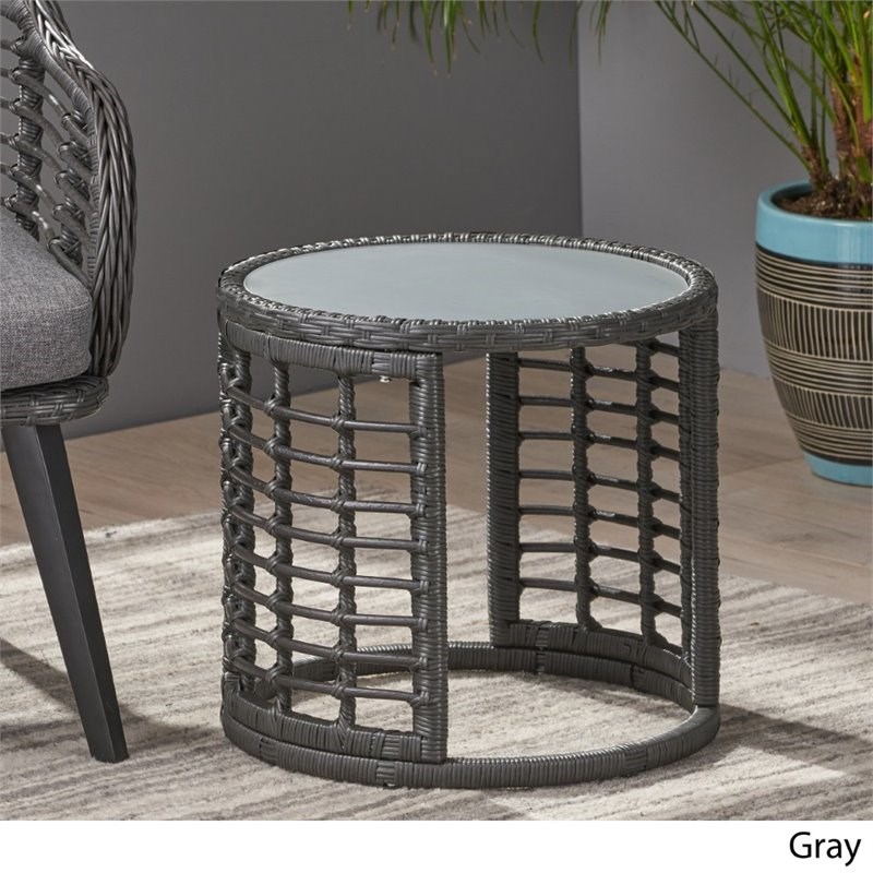 Noble House Bautista Boho Tempered Glass Top Wicker Side Table in Gray