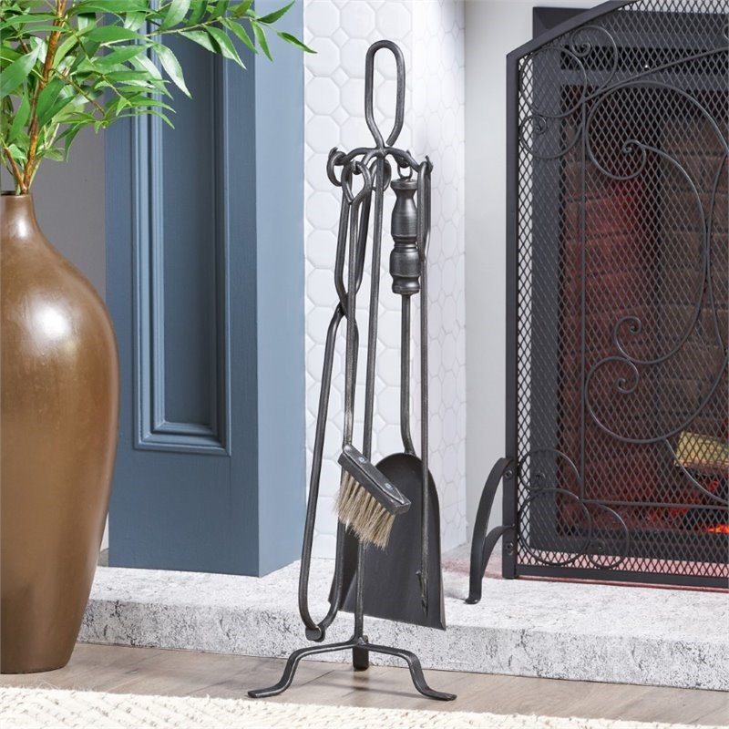 Noble House Almonte Iron Fireplace Tool Set in Black Brushed Silver