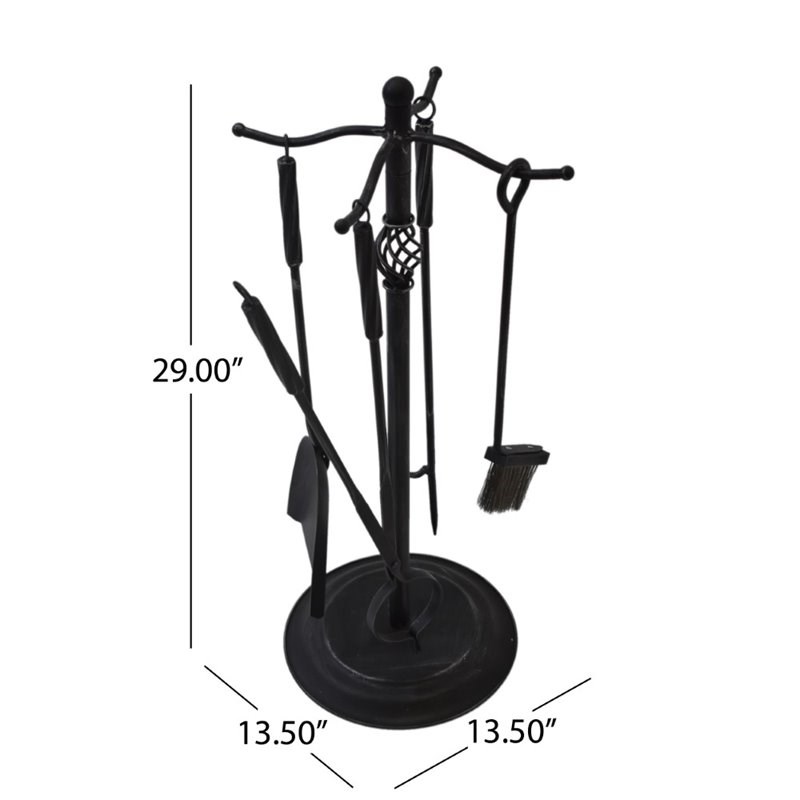 Noble House Brookshire Iron Fireplace Tool Set in Black Brushed Silver