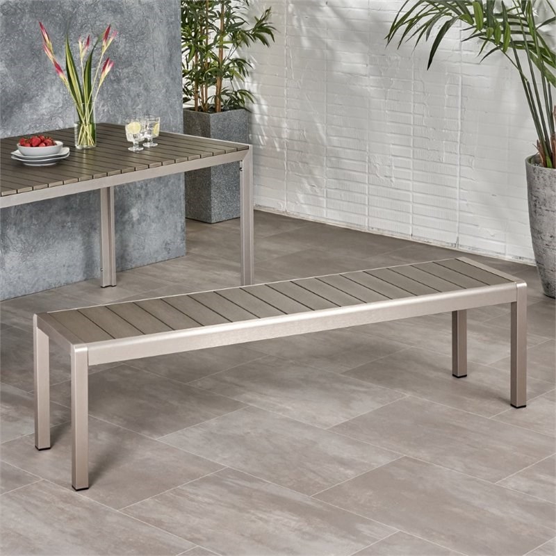 Noble House Cape Coral Outdoor Aluminum Dining Bench in Gray and Silver
