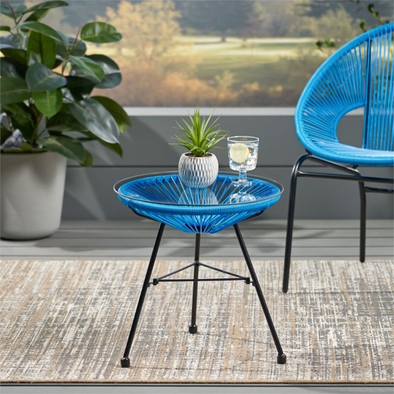 blue rattan side table