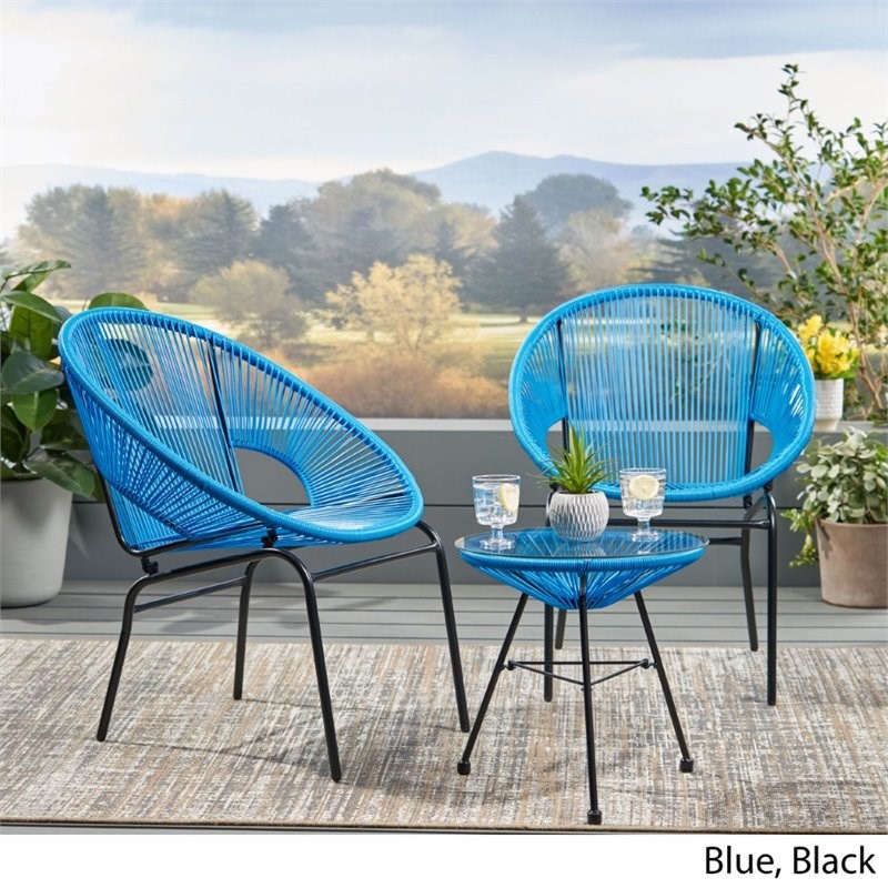 Noble House Nusa 3 Piece Outdoor Faux Rattan Chat Set in Blue and Black