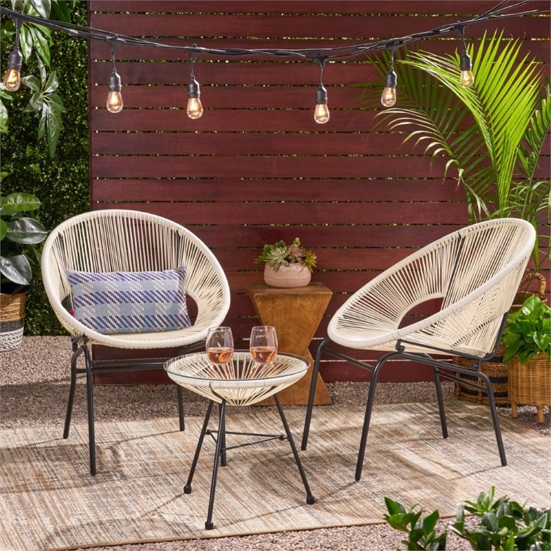 Noble House Nusa 3 Piece Outdoor Faux Rattan Chat Set In White And Black