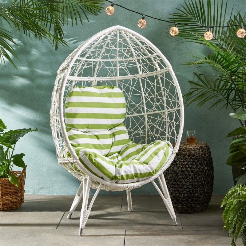 Noble House Gianni Outdoor Wicker Teardrop Chair in White and Green