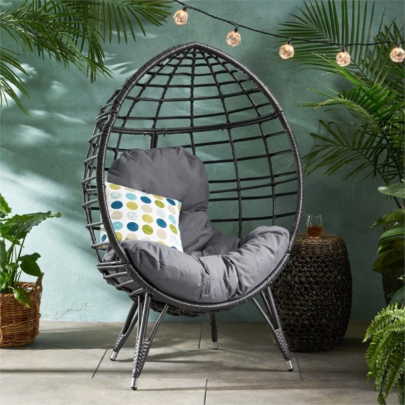 Noble House Santino Outdoor Wicker Teardrop Chair in Gray and Dark Gray