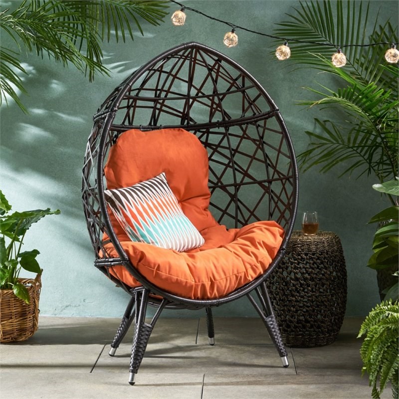 Noble House Palazzo Outdoor Wicker Teardrop Chair in Brown and Orange