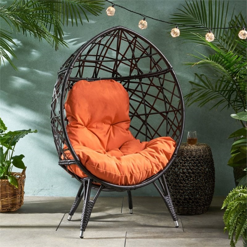 Noble House Palazzo Outdoor Wicker Teardrop Chair in Brown and Orange