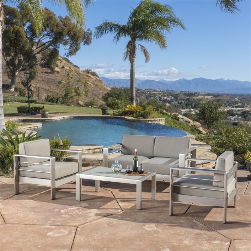 Noble House Cape Coral 4 Piece Outdoor Aluminum Conversation Set in Silver