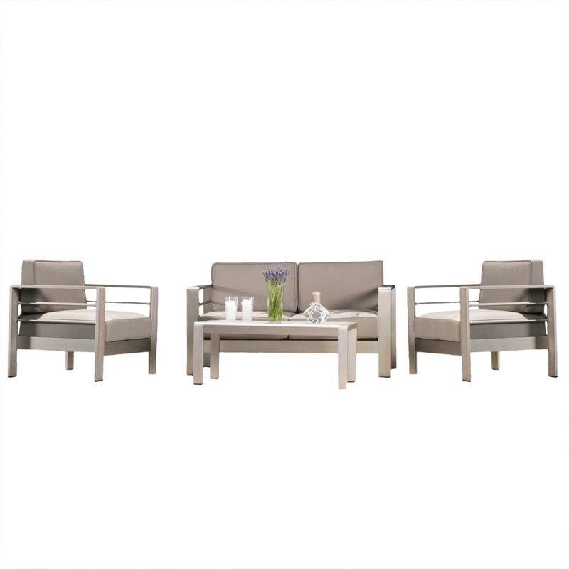 Noble House Cape Coral 4 Piece Outdoor Aluminum Conversation Set in Silver