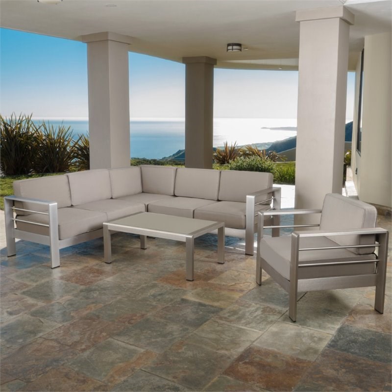 Noble House Cape Coral 5 Piece Outdoor Aluminum Sofa Set in Khaki