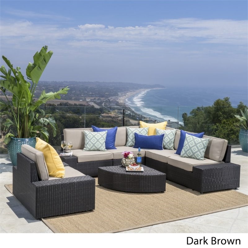 Noble House Santa Cruz 7 Piece Outdoor Wicker Sofa Set in Dark Brown