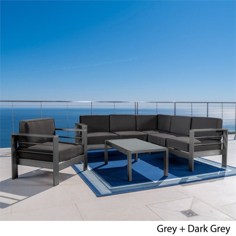 Noble House Cape Coral 5 Piece Outdoor Aluminum Sectional Sofa Set in Gray