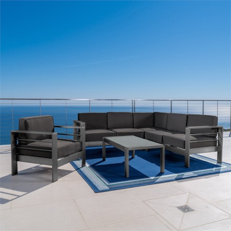 Noble House Cape Coral 5 Piece Outdoor Aluminum Sectional Sofa Set in Gray