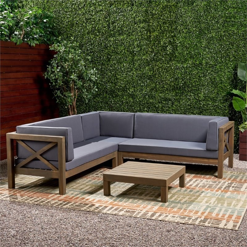 Noble House Brava 4 Piece Outdoor Acacia Wood Sectional Sofa Set in