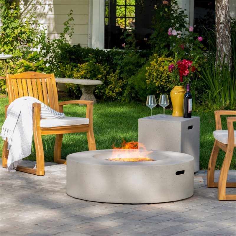 Noble House Aidan Circular Gas Fire Pit Table with Tank Holder in Light Gray