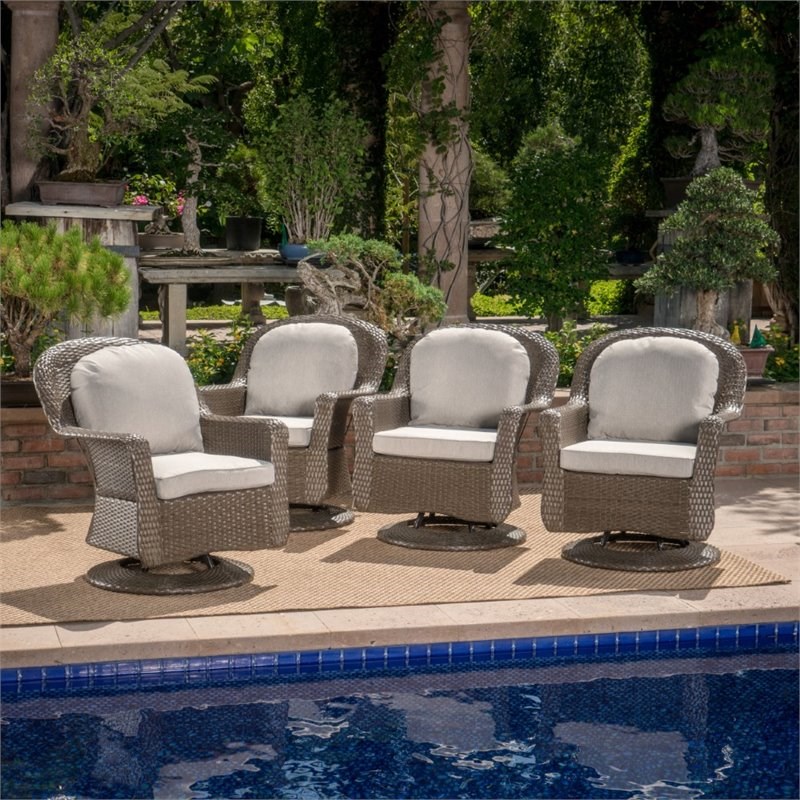 Noble House Liam Outdoor Wicker Swivel Club Chair in Brown (Set of 4