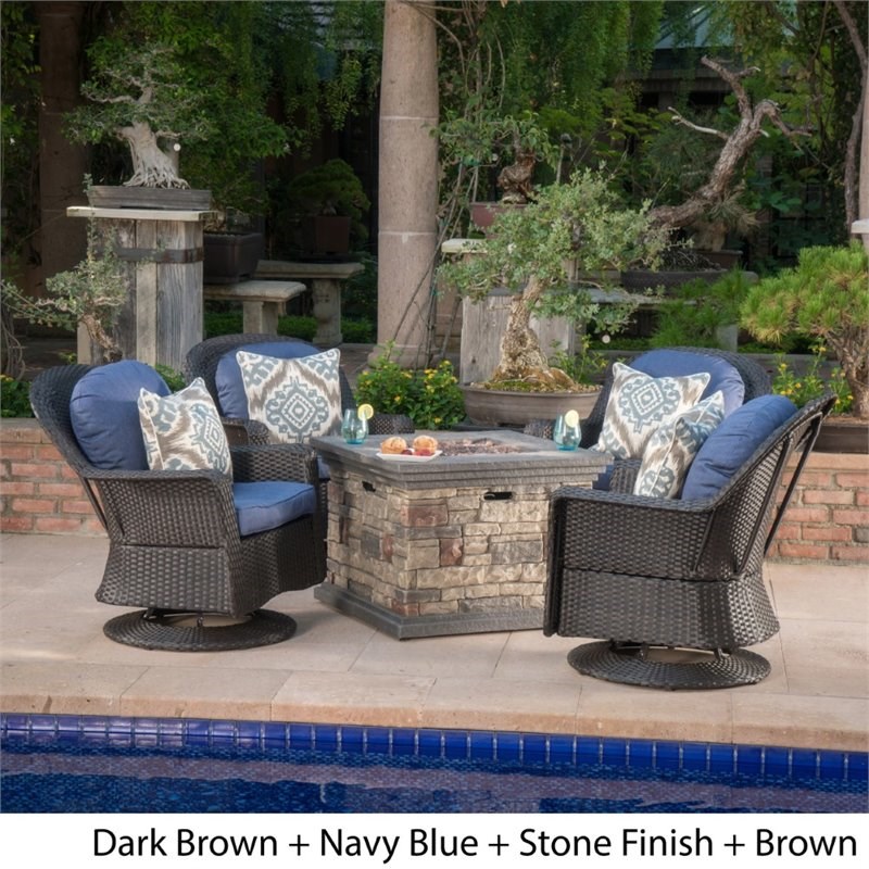 Noble House Alhambra 5 Piece Outdoor Swivel Chair and Firepit Set in Dark Brown
