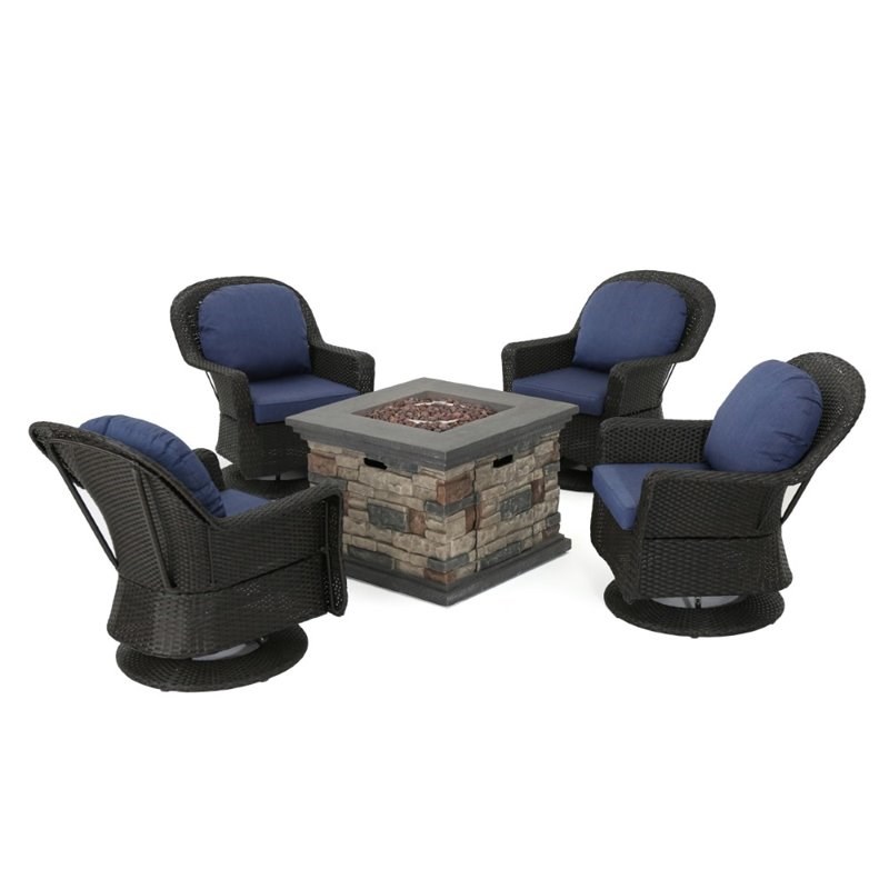 Noble House Alhambra 5 Piece Outdoor Swivel Chair and Firepit Set in Dark Brown