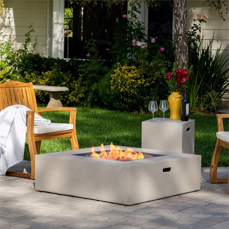 Noble House Aidan Square Gas Fire Pit Table with Tank Holder in Light Gray