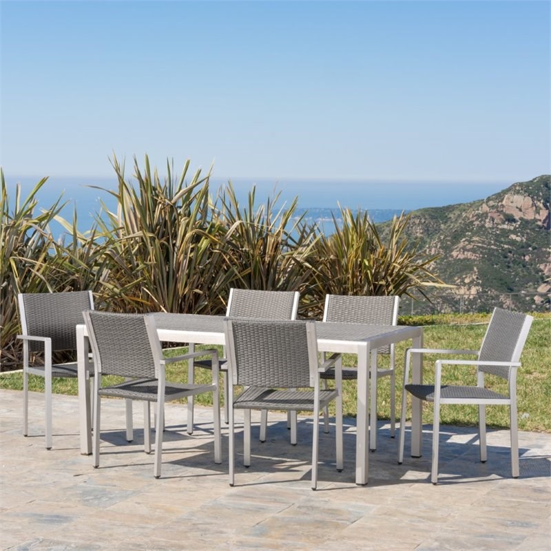 Noble House Cape Coral 7 Piece Outdoor Aluminum Dining Set in Gray