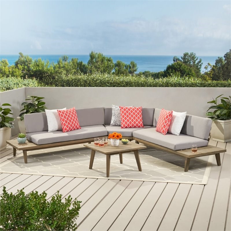 Noble House Hillcrest 4 Piece Outdoor Acacia Wood Sectional Sofa Set in