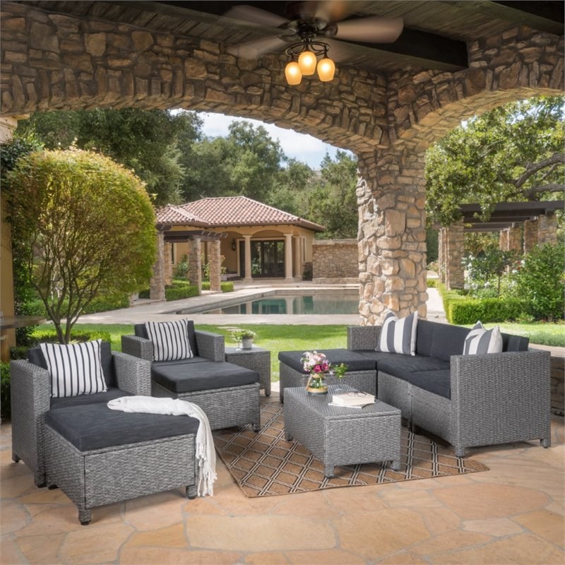 noble house puerta 9 piece outdoor wicker sofa set in dark gray - 300464