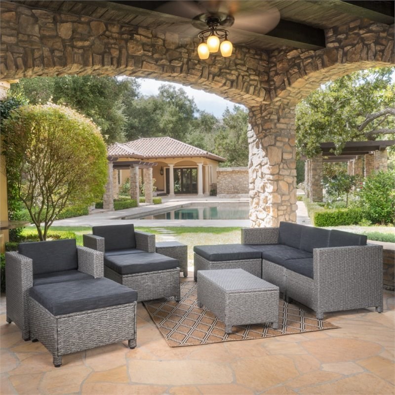 Noble House Puerta 9 Piece Outdoor Wicker Sofa Set in Dark Gray