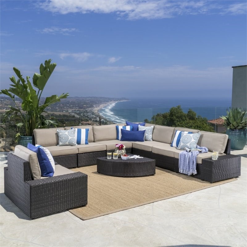 Noble House Santa Cruz 9 Piece Outdoor Wicker Sectional Sofa Set in Dark Brown