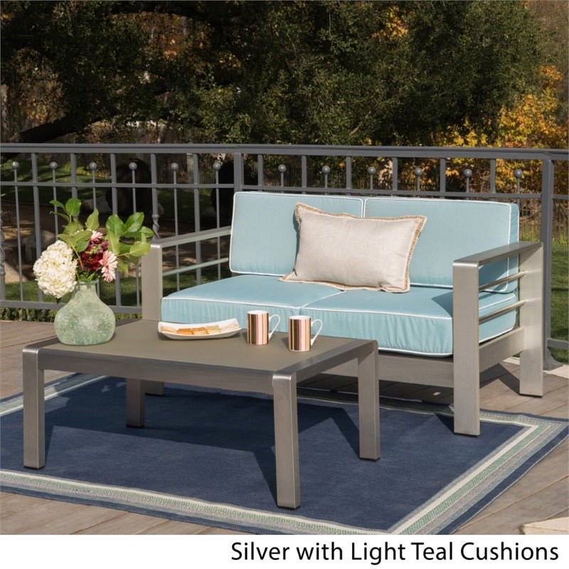 Noble House Cape Coral 2 Piece Outdoor Aluminum Loveseat Set in Silver