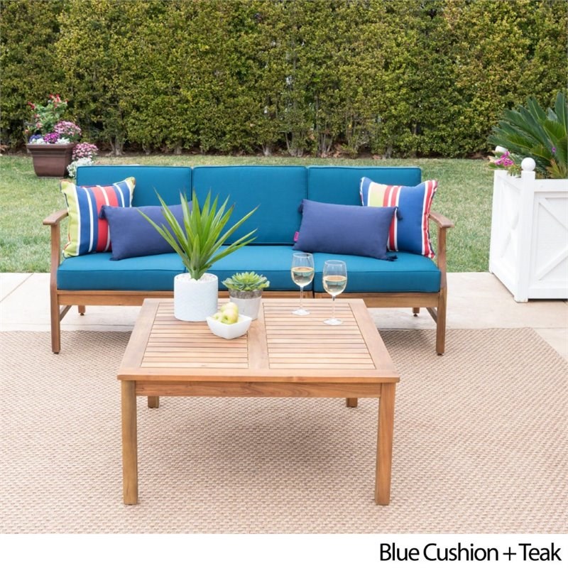 Noble House Perla 4 Piece Outdoor Acacia Wood Sofa Set in Blue