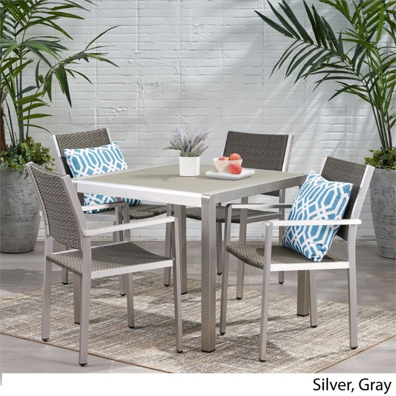 Noble House Cape Coral 5 Piece Outdoor Tempered Glass Top Dining Set in Silver
