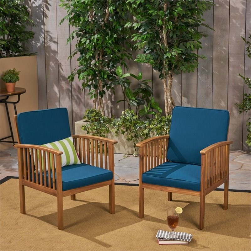 Noble House Casa Outdoor Acacia Wood Club Chair in Dark Teal (Set of 2)