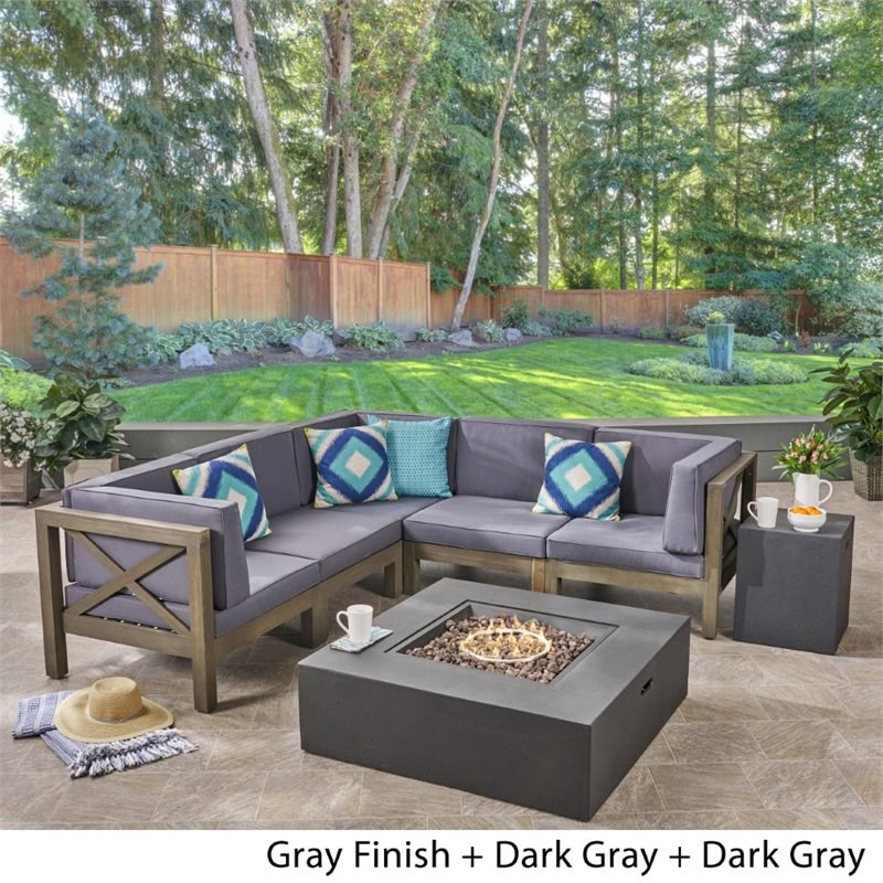Noble House Brava 7 Piece Outdoor Acacia Wood Sectional Sofa Set in Gray