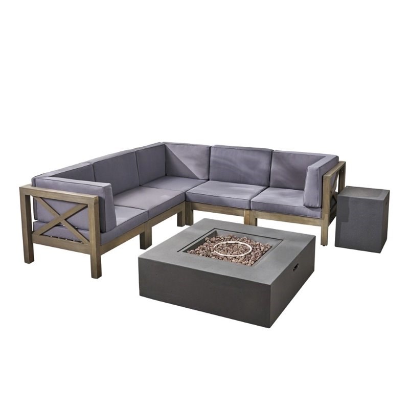 Noble House Brava 7 Piece Outdoor Acacia Wood Sectional Sofa Set in Gray
