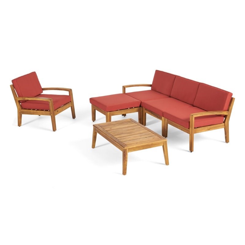 Noble House Grenada 6 Piece Outdoor Acacia Wood Sectional Sofa Set in Red