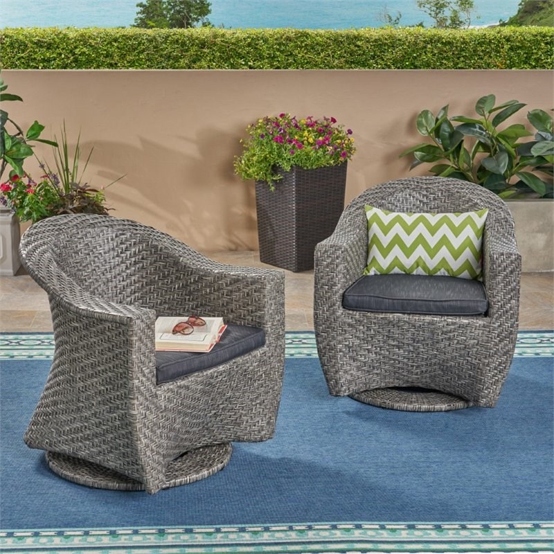 Noble House Larchmont Outdoor Wicker Swivel Chair in Dark Gray (Set of 2)