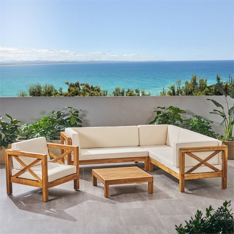 Noble House Brava 5 Piece Outdoor Acacia Wood Sectional Sofa Set in Beige