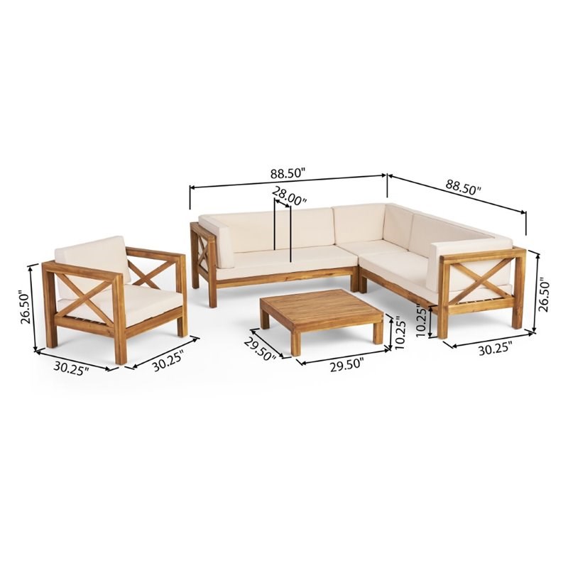Noble House Brava 5 Piece Outdoor Acacia Wood Sectional Sofa Set in Beige