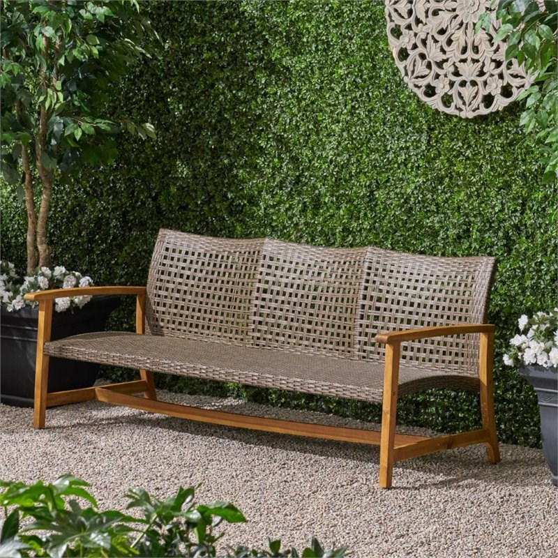 Noble House Hampton Outdoor Wood and Wicker Sofa in Natural