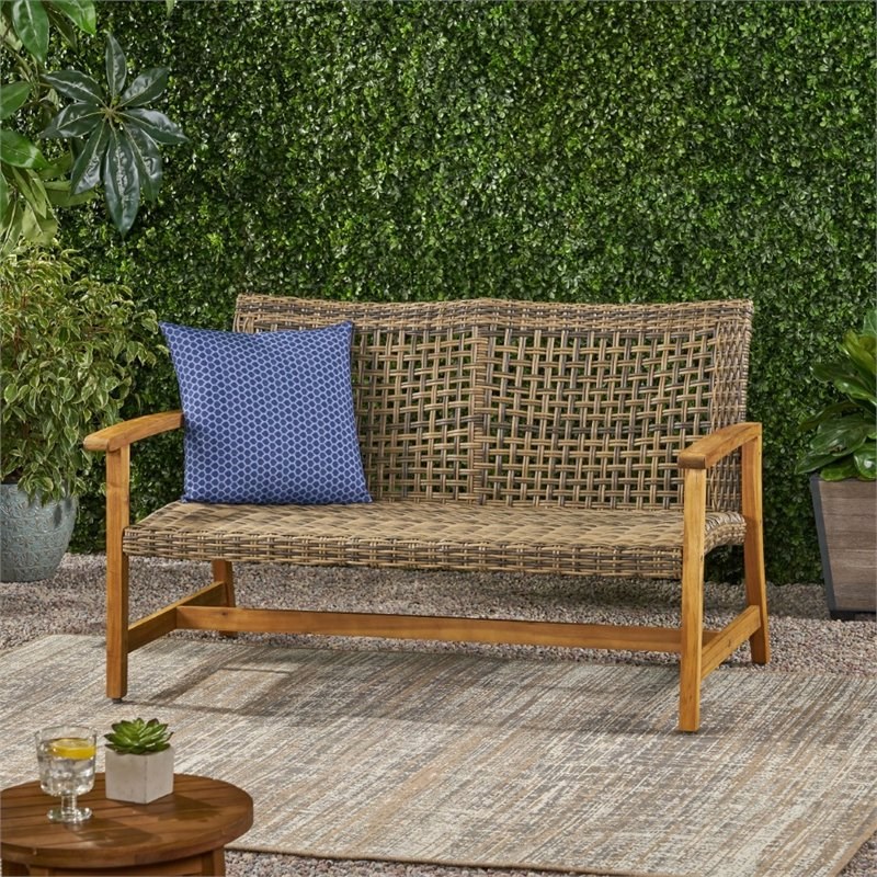 Noble House Hampton Outdoor Wood and Wicker Loveseat in Natural