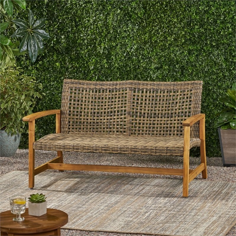 Noble House Hampton Outdoor Wood and Wicker Loveseat in Natural