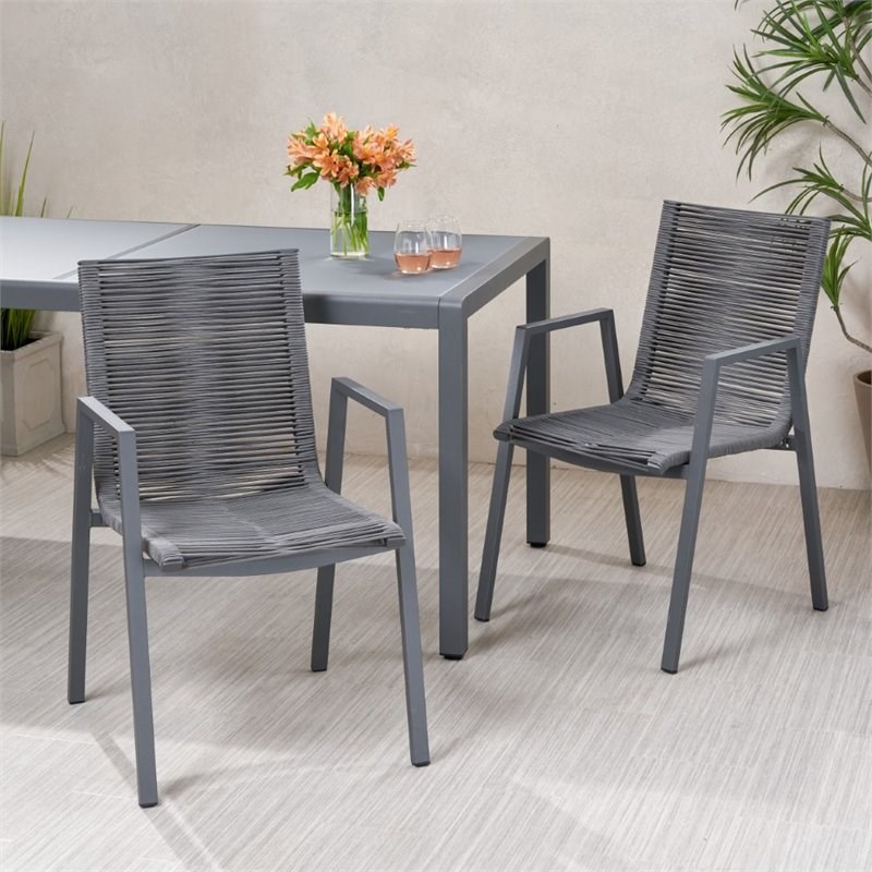Noble House Deloris Outdoor Aluminum Dining Chair in Gray (Set of 2)