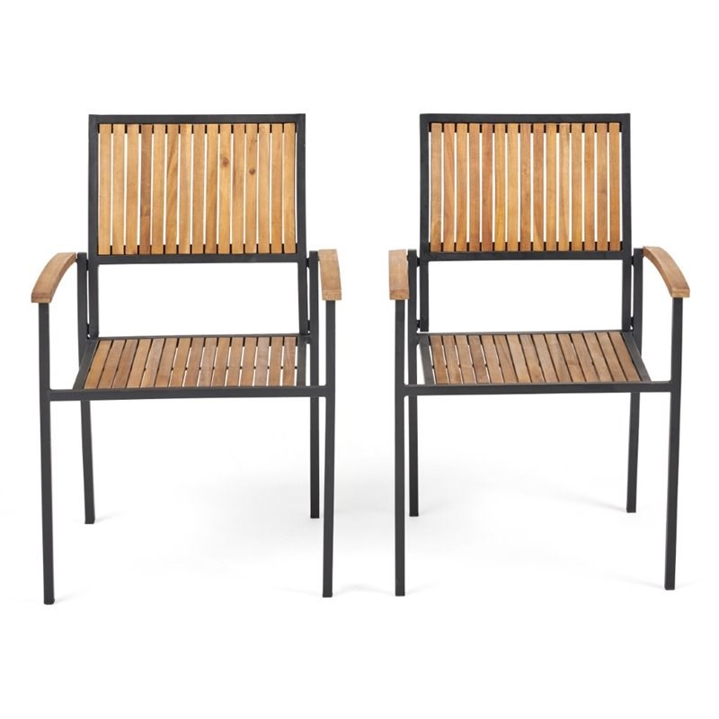 Noble House Bridget Outdoor Wood and Iron Dining Chair in Teak (Set of 2)