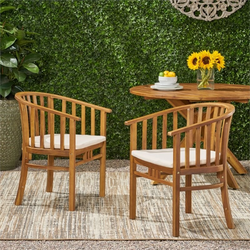 Noble House Alondra Outdoor Wood Dining Chair in Cream (Set of 2)