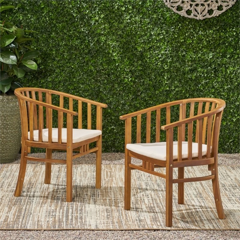 Noble House Alondra Outdoor Wood Dining Chair in Cream (Set of 2)