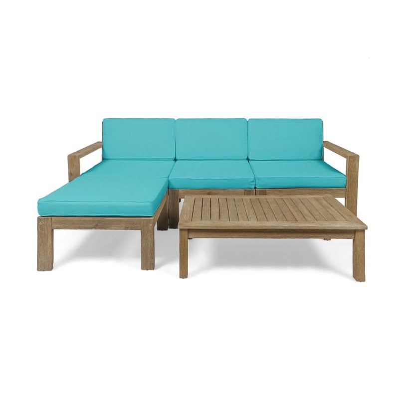 Noble House Santa Ana 5 Piece Outdoor Acacia Wood Sectional Sofa in Teal