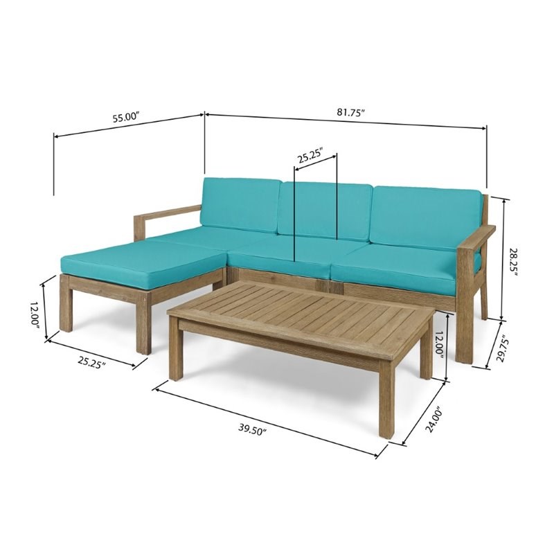 Noble House Santa Ana 5 Piece Outdoor Acacia Wood Sectional Sofa in Teal